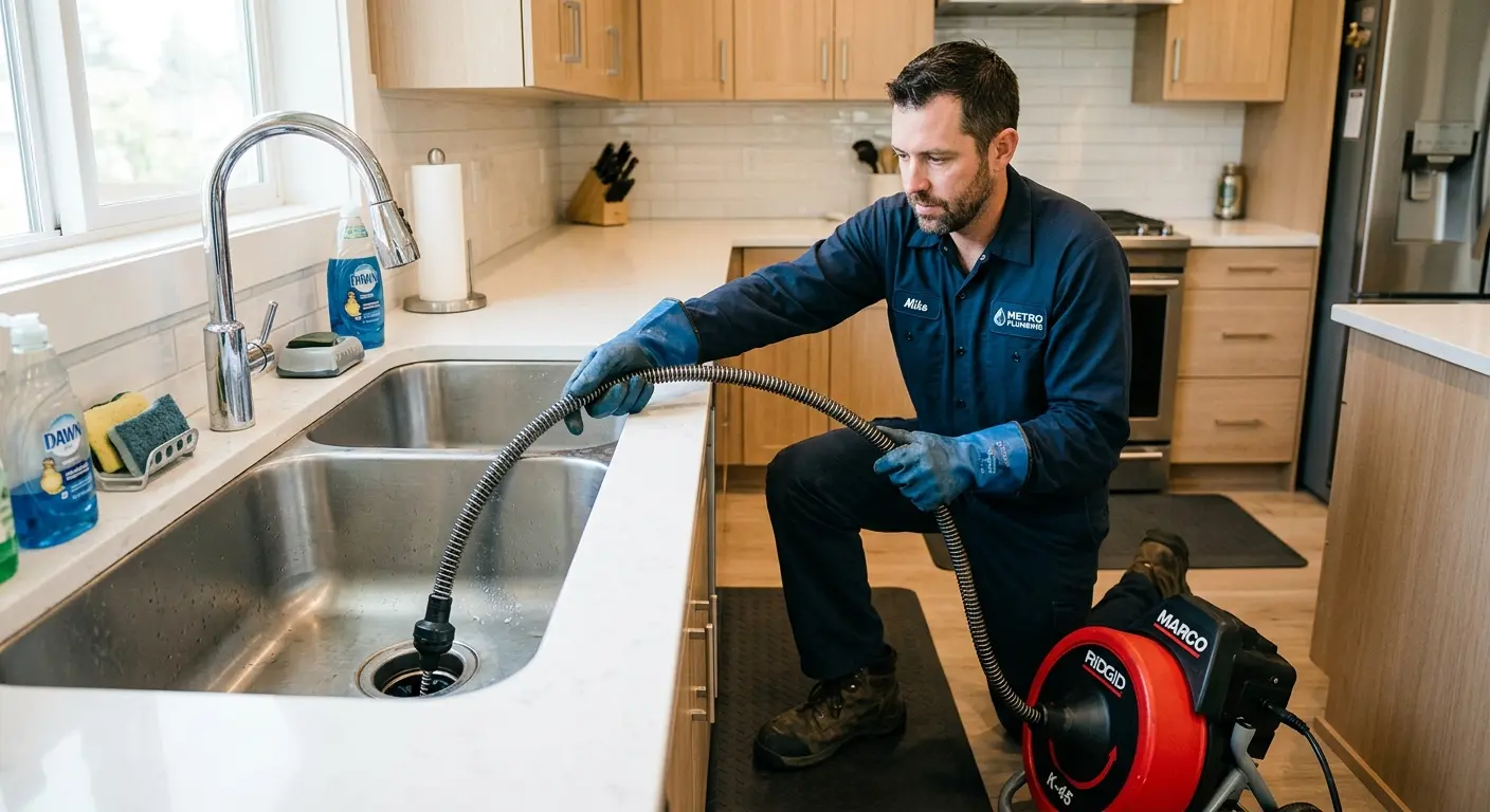 Drain cleaning technician using a motorized snake on a kitchen sink in Emporia