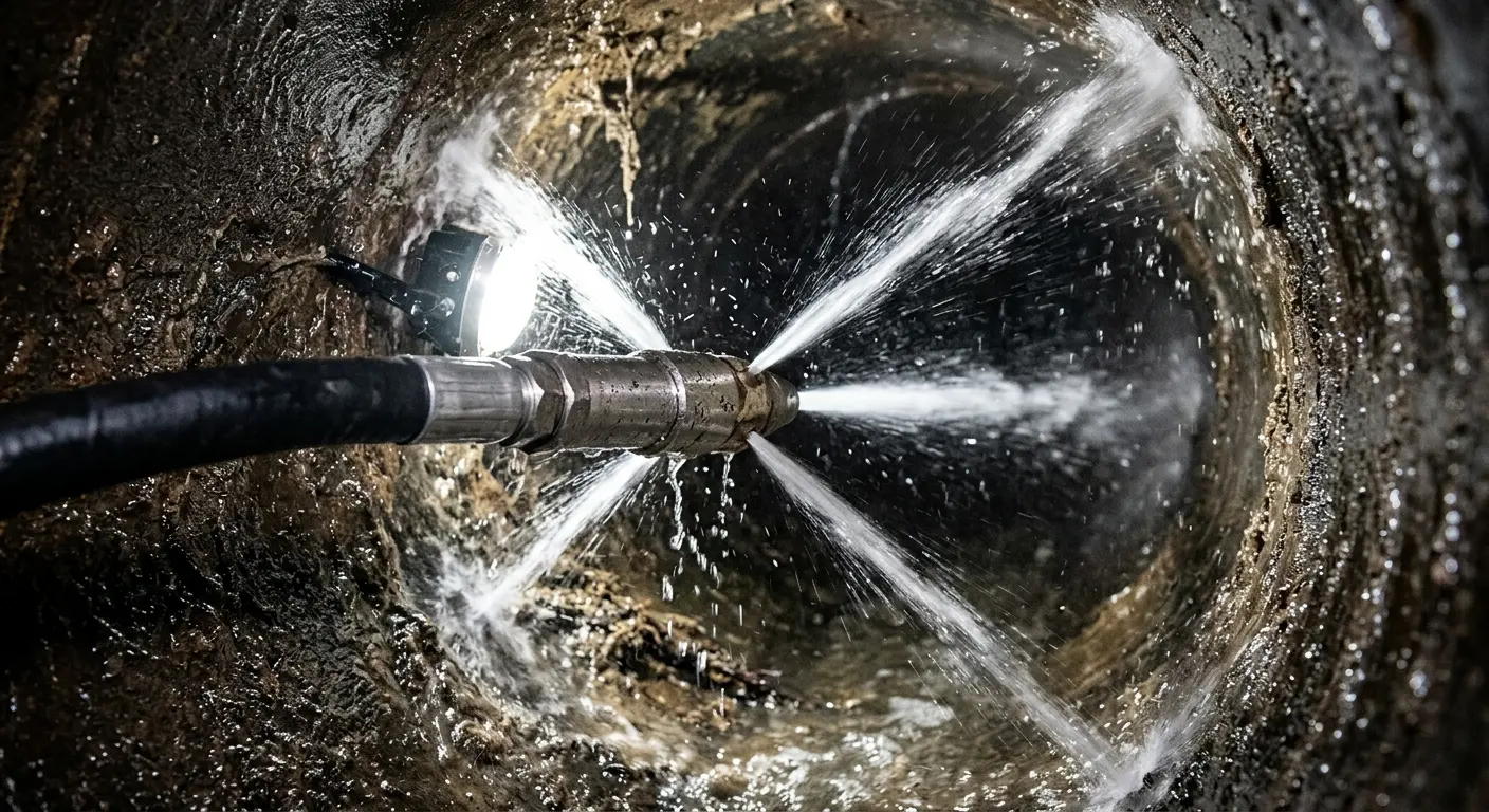 High-pressure hydro jetting nozzle cleaning sewer pipe for Trenchless Sewer Repair in Emporia